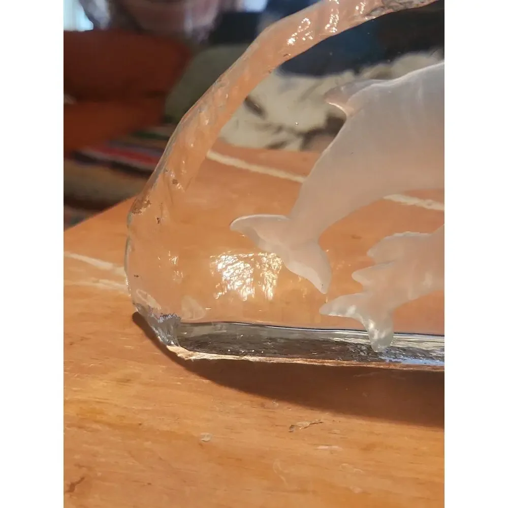 Pair of etched glass bookends, 1 dolphins/1 whales, look of ice,abt 8